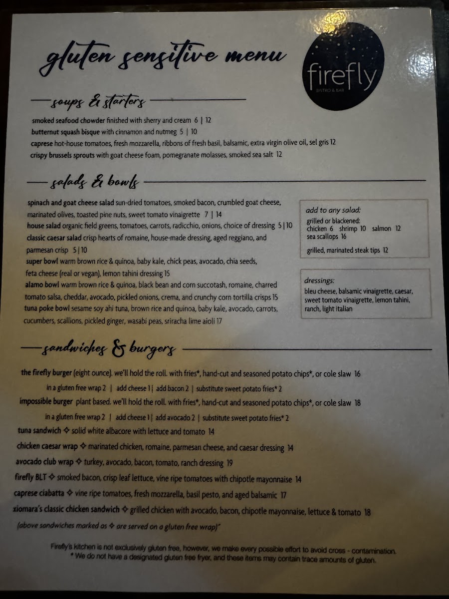 Firefly American Bistro & Bar gluten-free menu