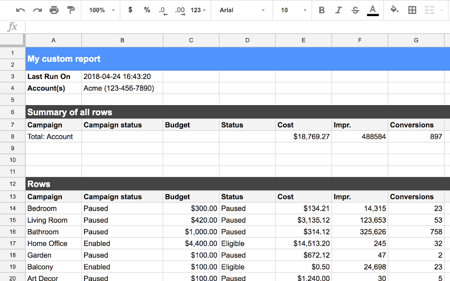 Screenshot of an example custom report in Google Sheets