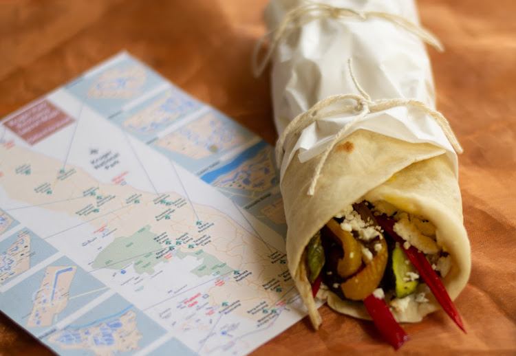 This roasted veggie and feta wrap would go down a treat on a long car trip.