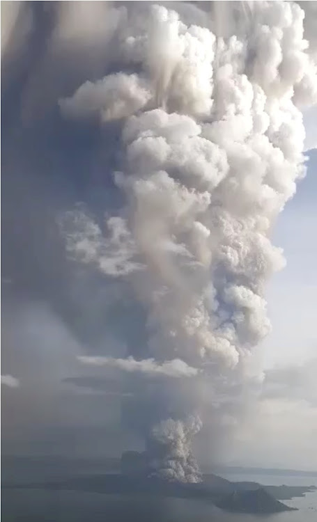 A view of the Taal volcano eruption seen from Tagaytay, Philippines, on January 12 2020 in this still image taken from social media video.