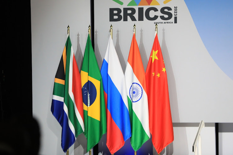 Flags of the Brics member states in Sandton, Johannesburg South Africa. Picture: THAPELO MOREBUDI