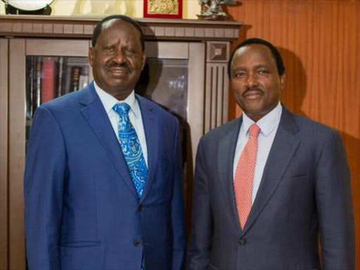 Cord leader Raila Odinga and Wiper leader Kalonzo Musyoka during a meeting at Capitol office.COURTESY