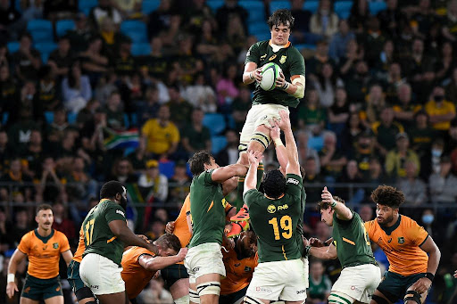 Franco Mostert of the Springboks takes a lineout ball during the Rugby Championship match against the Australian Wallabies at Cbus Super Stadium on September 12 2021 in Gold Coast, Australia.