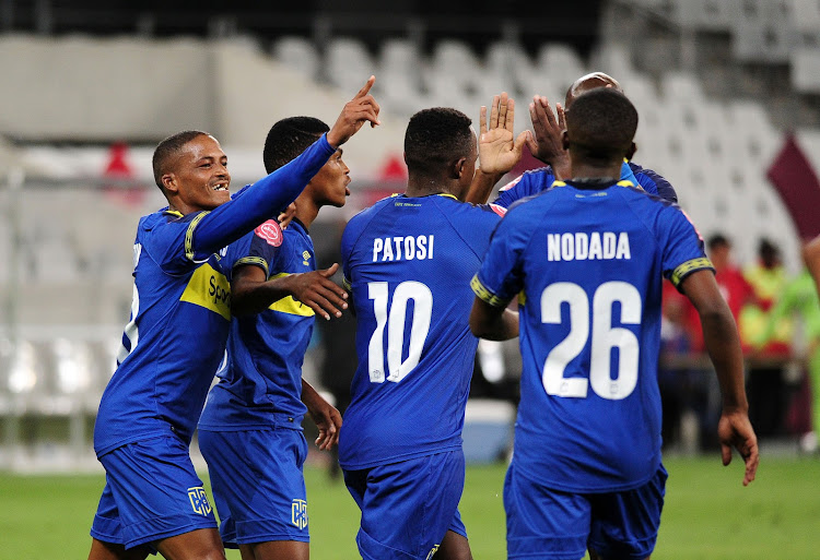 Cape Town City forward Ayanda Patosi celebrates with teammates after scoring City's opening goal in a thrilling 2-2 Absa Premiership draw against Baroka FC at home at the Cape Town Stadium on January 12 2019.