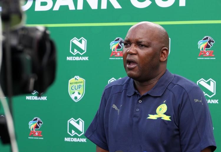 Mamelodi Sundowns head coach Pitso Mosimane speaks to the media during a Nedbank Cup media day at the club's training base in Chloorkop on Thursday April 19 2018.