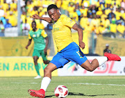 Mamelodi Sundowns forward Sibusiso Vilakazi takes a shot at goal during the  MTN8 quarter inal match against Lamontville Golden Arrows at Lucas Moripe Stadium, Pretoria on August 11 2018. 
