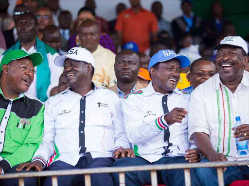 From (Left) Moses Wetangula, Raila Odinga, Kalonzo Musyoka and Musalia Mudavadi during political rally in Bomet green stadium on February 4,2017./COURTESY