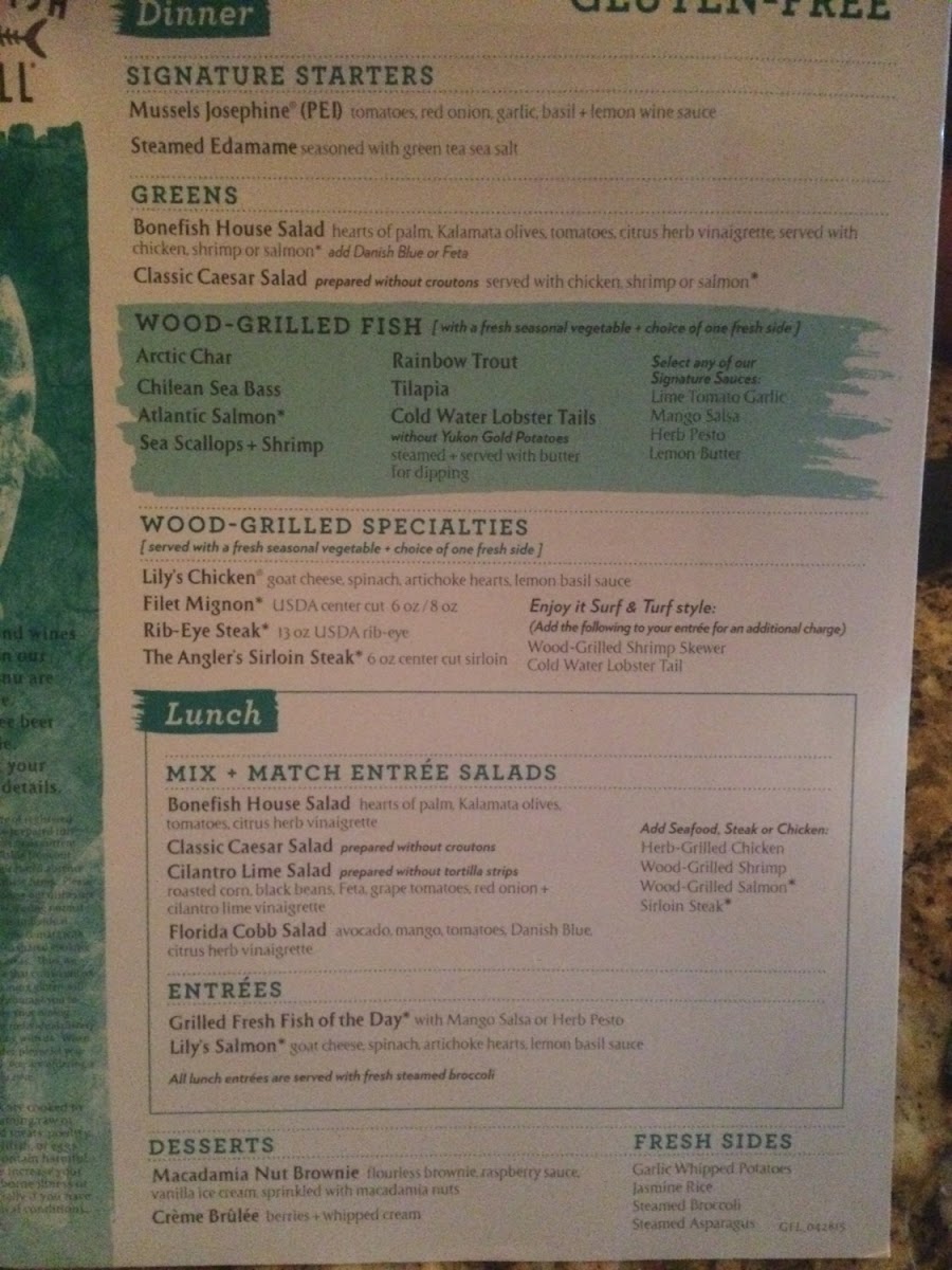 Bonefish Grill gluten-free menu