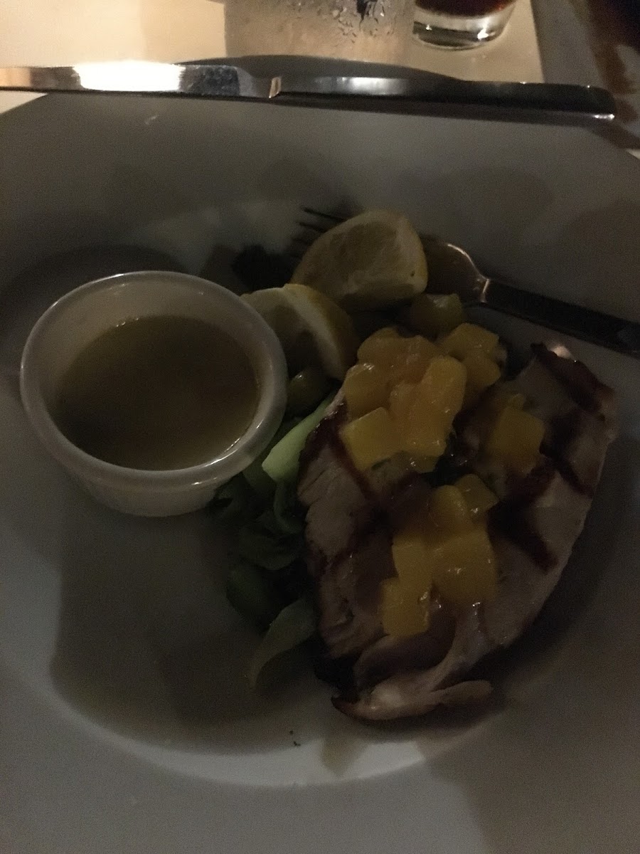 Grilled Mahi Mahi. So VERY Good!!  We ate outside that's why the photo is so dark. Worth every penny!