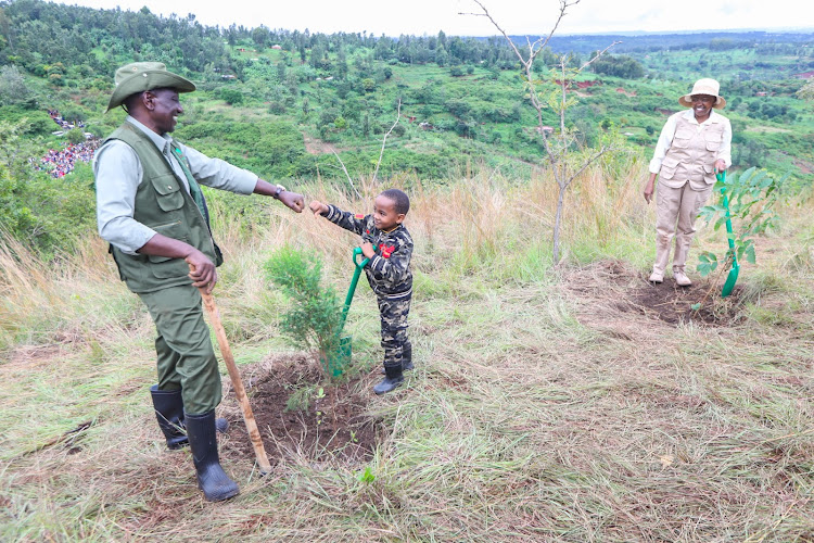 President William Ruto interacts with a young boy during the national tree planting day at Kiambicho Forest Karua Hill A, Murang'a County, on May 10, 2024.