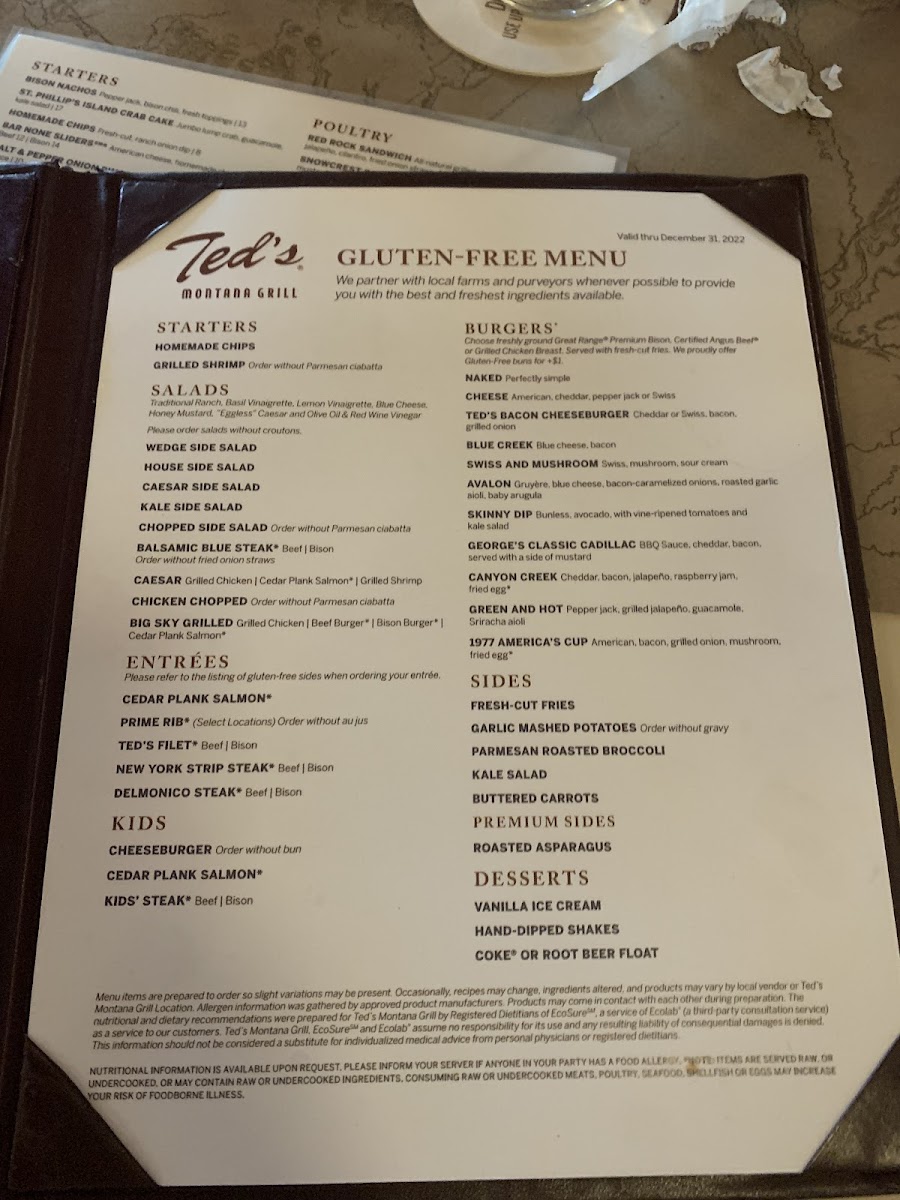 Ted's Montana Grill gluten-free menu