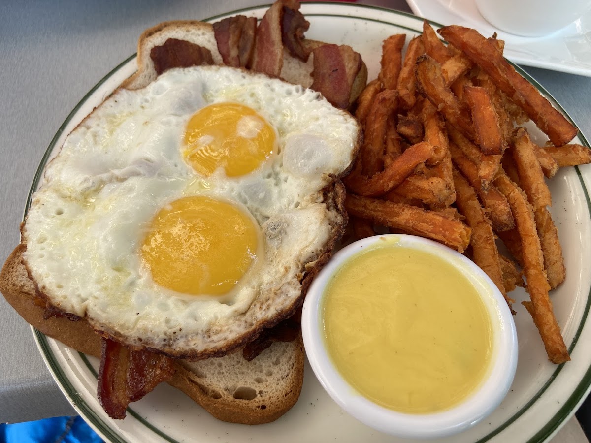 Gluten free eggs benedict with sweet potato fries