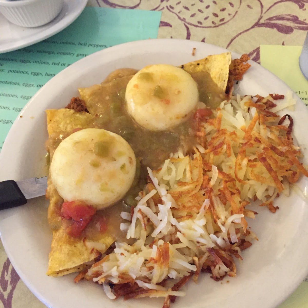 Gluten Free Benny with corn tortillas, gf and vegan green chili, chorizo and hashbrowns