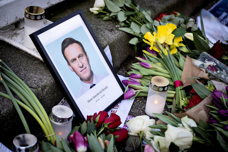 Tributes are laid as people demonstrate outside the Russian embassy, following the death of Russian opposition leader Alexei Navalny, in Copenhagen, Denmark, February 17, 2024. Picture: RITZAU SCANPIX/via REUTERS