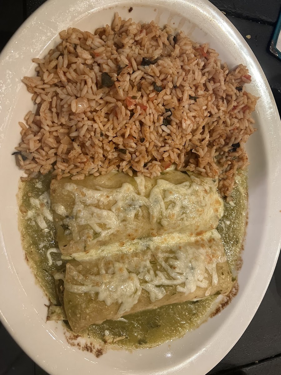 Verde Enchiladas with red rice