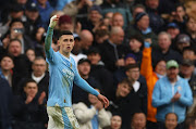 Manchester City's Phil Foden reacts during their Premier League win against Manchester United at Etihad Stadium in Manchester on Sunday.