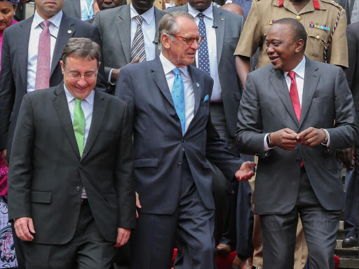 Unep director Achim Steiner, UN deputy secretary general Jan Eliasson and President Uhuru Kenyatta arrive for the opening of the United Nations Environment Assembly at the UN headquarters in Gigiri yesterday / PSCU