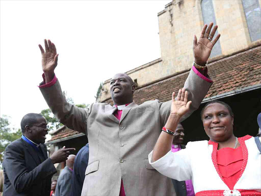 Newly Elected Anglican of Kenya Archbishop Jackson Ole Sapit with wife Esther at the All Saints Cathedral after winning the elections Photo/COLLINS KWEYU