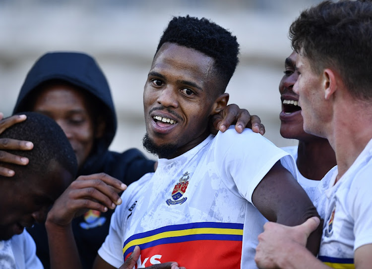 Wonderboy Makhubu of University of Pretoria celebrates scoring a goal in the Premier Soccer League promotion-relegation playoff match against Cape Town All Stars at Athlone Stadium in Cape Town on May 29 2022 .