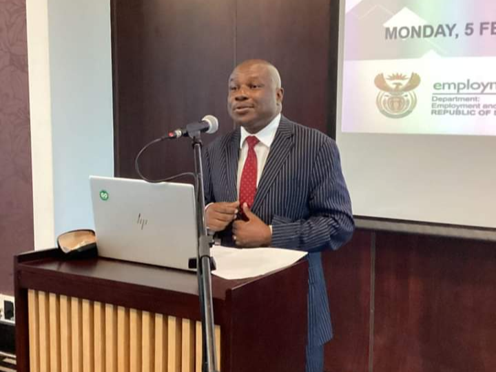 Labor and skills development principal secretary Shadrack Mwadime address participants during a meeting in South Africa on January 5, 2024.