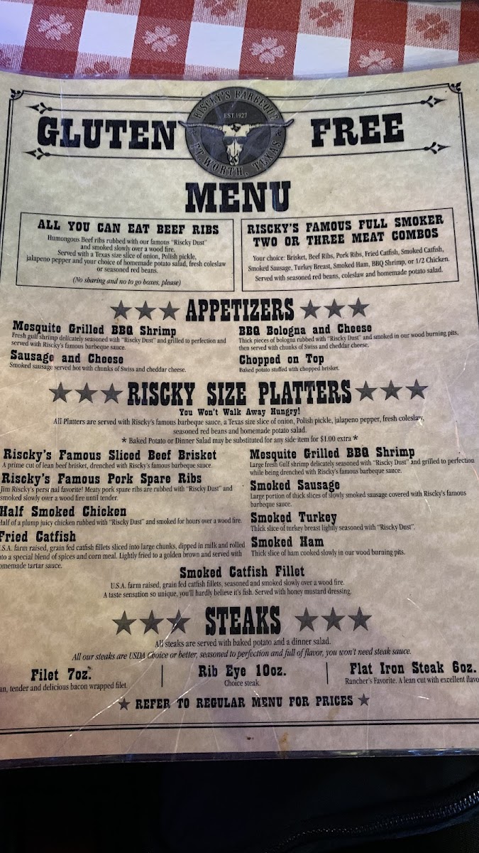 Riscky's BAR-B-Q gluten-free menu