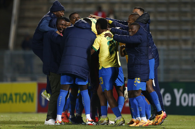 Mamelodi Sundowns celebrate their victory during the Nedbank Cup, Quarter Final match between University of Pretoria and Mamelodi Sundowns at Lucas Moripe Stadium on April 12, 2024 in Pretoria, South Africa.