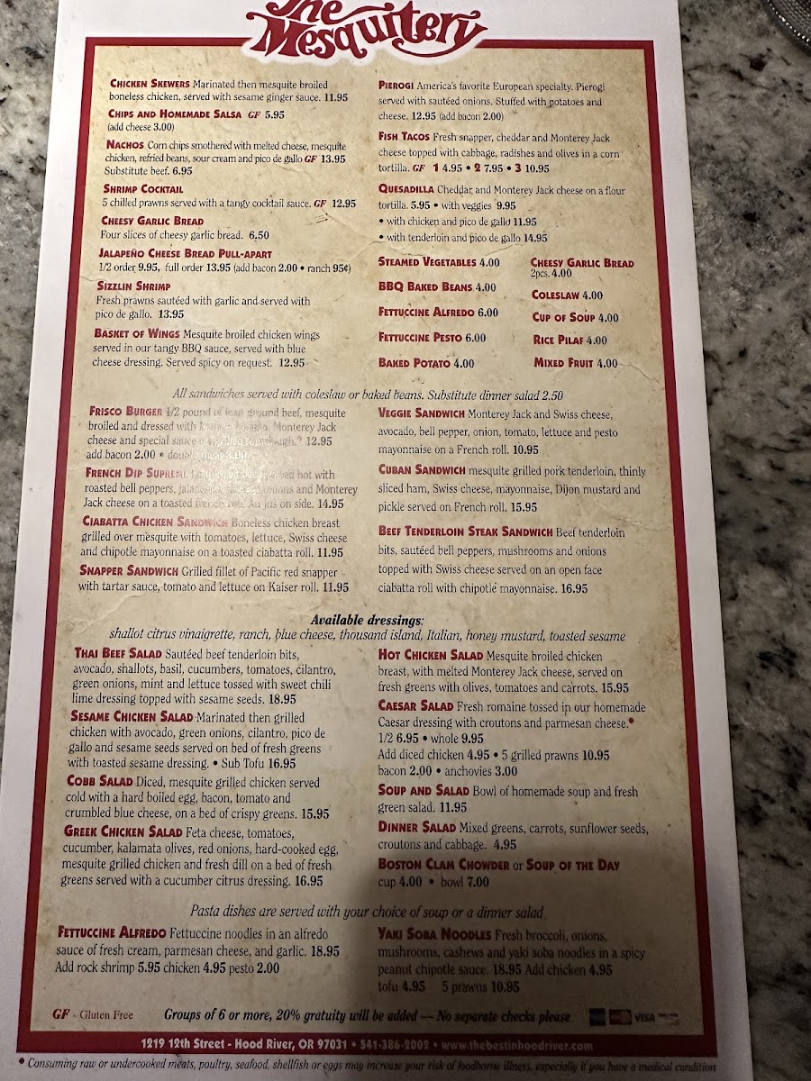 Mesquitery Restaurant & Bar gluten-free menu