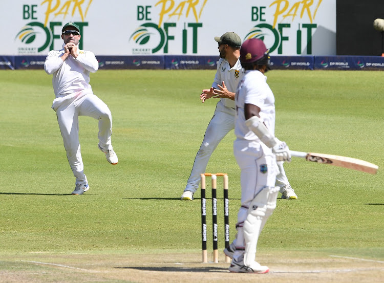 Dean Elgar of the Proteas takes the catch at slip for the wicket of Kyle Mayers of West Indies on March 9 2023, day two of the second Test at the Wanderers.