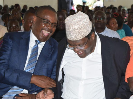 Nairobi Governor Evans Kidero and Independent candidate Miguna Miguna when they attended a service at Jericho SDA church, March 25, 2017. /COURTESY