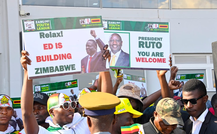 Residents of Zimbabwe welcomes President William Ruto with a placard on April 26, 2024.