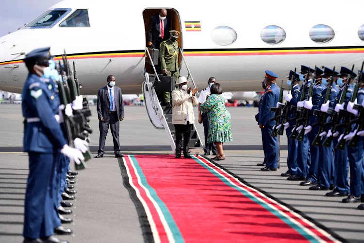 President Yoweri K. Museveni of the Republic of Uganda being received by C.S Foreign Affairs Amb. Raychelle Omamo on Friday, April 8, 2022.