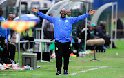 Pitso Mosimane, Coach of Mamelodi Sundowns FC questions the off-side call during the Absa Premiership 2018/19 game between AmaZulu and Mamelodi Sundowns at King Zwelentini Stadium on 15 September 2018.