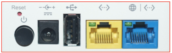 The ports on the back of a Google Fiber Mesh Extender (GFEX310). From left to right: reset hole, power button, power, USB, yellow LAN port, blue LAN/WAN port