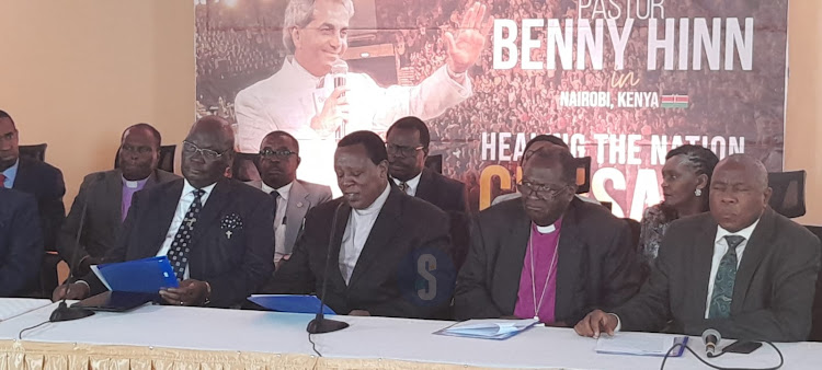 Benny Hinn Organising Committee Chairman Archbishop Harrison Nganga during a press briefing at Biblica House in Nairobi on February 13, 2024.