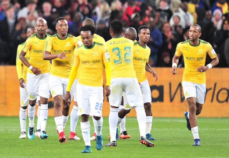 Sibusiso Vilakazi of Mamelodi Sundowns celebrates goal with teammates during the 2018 Mandela Centenary Cup Friendly match between Mamelodi Sundowns and Barcelona at FNB Stadium, Johannesburg on 16 May 2018.