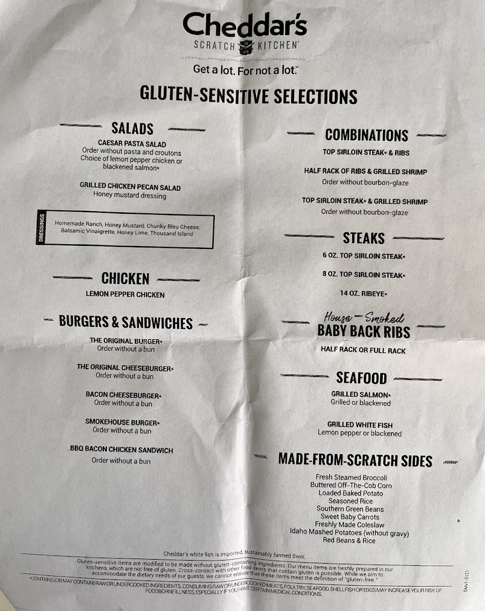 Cheddar's Scratch Kitchen gluten-free menu