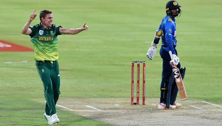 Proteas and Warriors fast bowler Anrich Nortje celebrates taking the wicket of Oshada Fernando of Sri Lanka during the 2nd Momentum ODI match at SuperSport Park on March 06, 2019 in Pretoria, South Africa