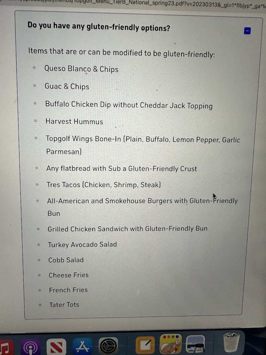 Topgolf gluten-free menu