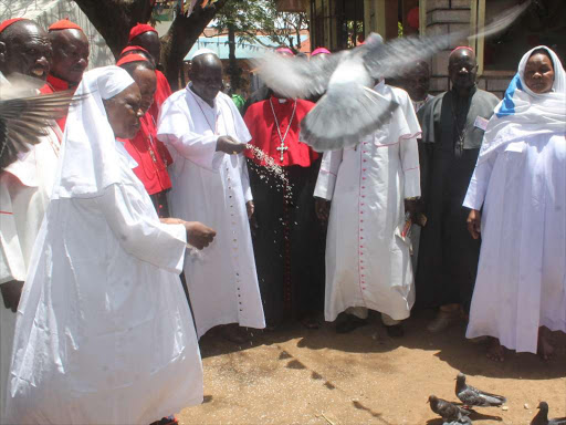 The Legion Maria of African Church mission Pontiff Raphael Otieno at St Peters Manyatta Church in Kisumu.They have rejected the move by two catholic sisters seeking to demolish and construct a new mausoleum for their messiah.