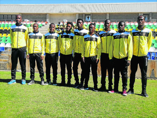 Mthatha Bucks signings, from left, defender Gift Sithole, midfielders Sive Klaushe and Mazwi Mncube, winger Kgotso Mokhele, defender Aphiwe Lubisi, right-winger Tapelo Sixishe, goalkeeper and striker Chileshe Kangwa were unveiled yesterday.