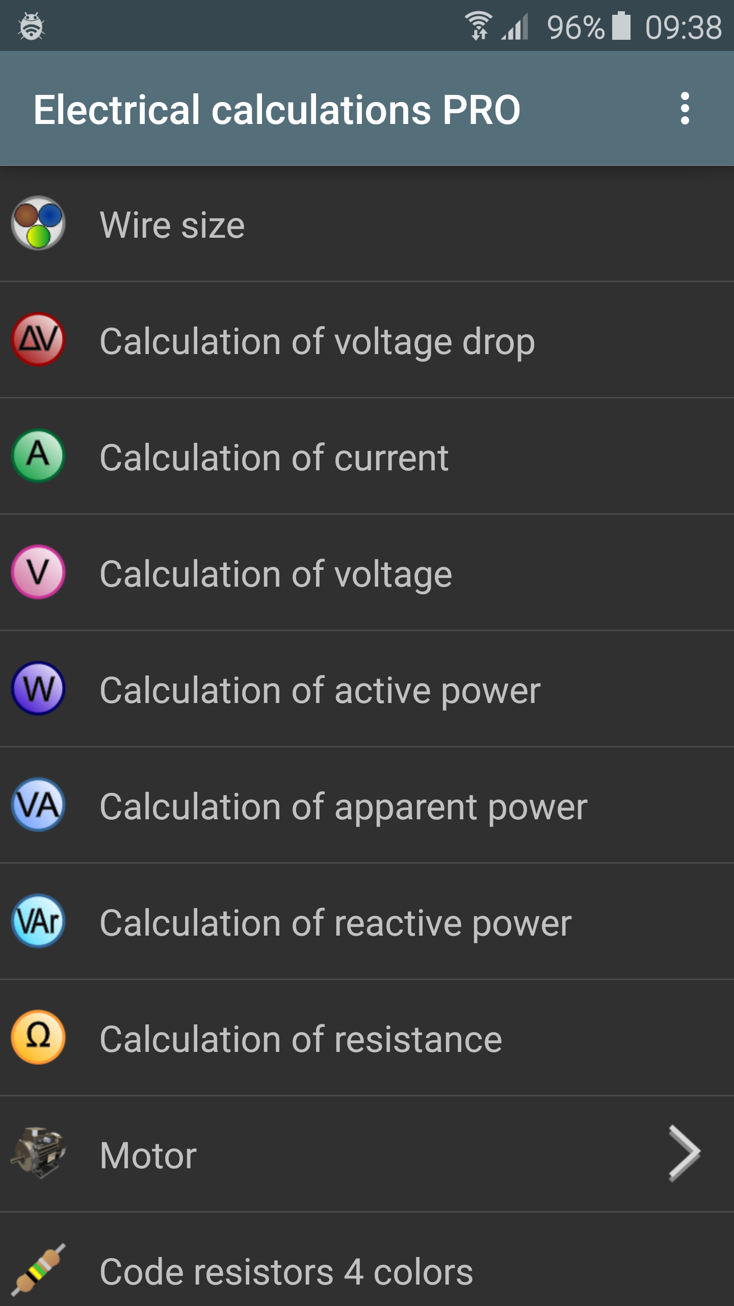 Android application Electrical calculations PROKey screenshort