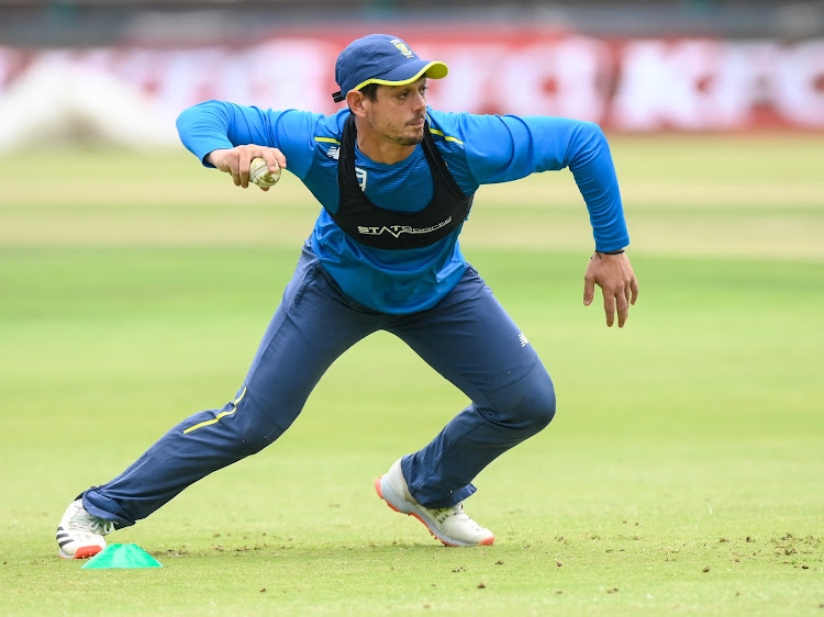 Proteas captain Quinton de Kock has a shy at the stumps during training in Johannesburg on February 20 2020.