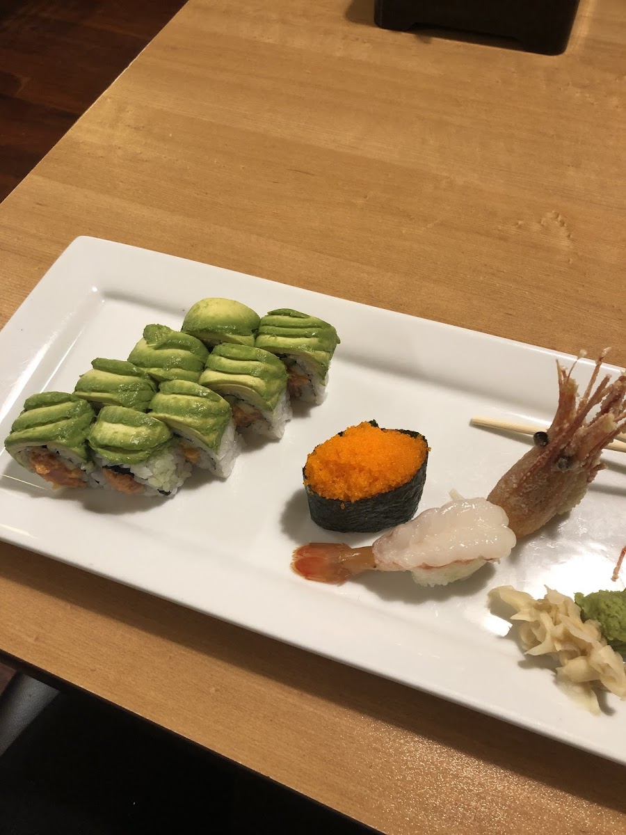 Caterpillar roll, Smelt Roe Nigiri, Sweet Shrimp Nigiri.