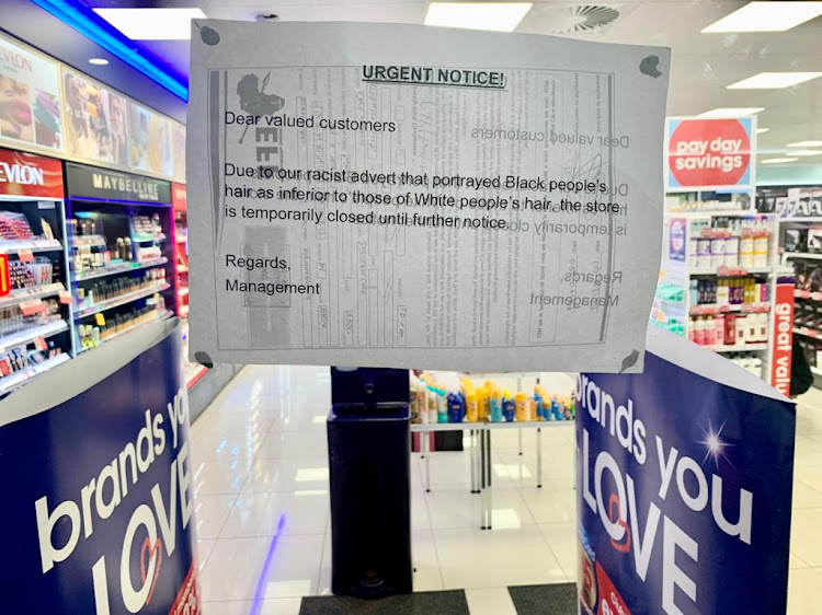 A sign attached to the Clicks at Goodwood Mall in Cape Town.