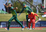 Solomon Mire of Zimbabwe is bowled Imran Tahir of South Africa during the 3rd Momentum ODI match at Eurolux Boland Park on October 06, 2018 in Paarl.  