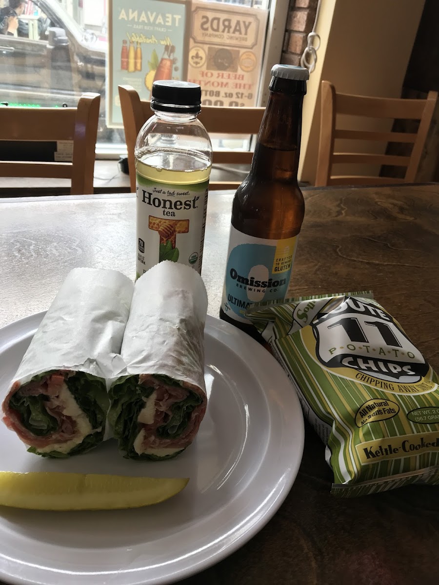 Caprese wrap, gf chips and beer.