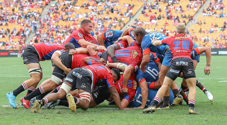 Emirates Lions have the upper hand in the scrum over the Vodacom Bulls during the SuperHero Sunday match between Vodacom Bulls and Emirates Lions at FNB Stadium on Johannesburg, South Africa.