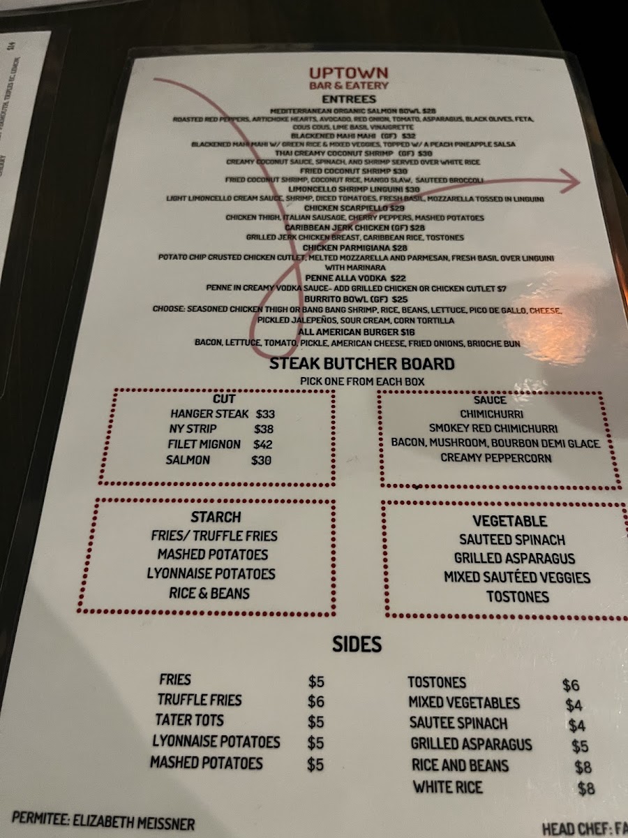 Uptown Bar & Eatery gluten-free menu