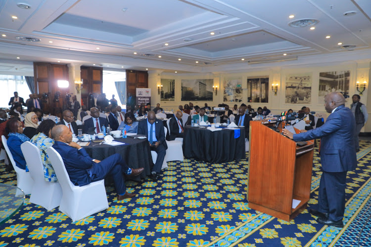 ICT PS Eng John Tanui addressing ICT officials and members of the press during a breakfast briefing on the upcoming Connected Africa Summit 2024 at The Serena Sarova Hotel, Nairobi on April 15, 2024.