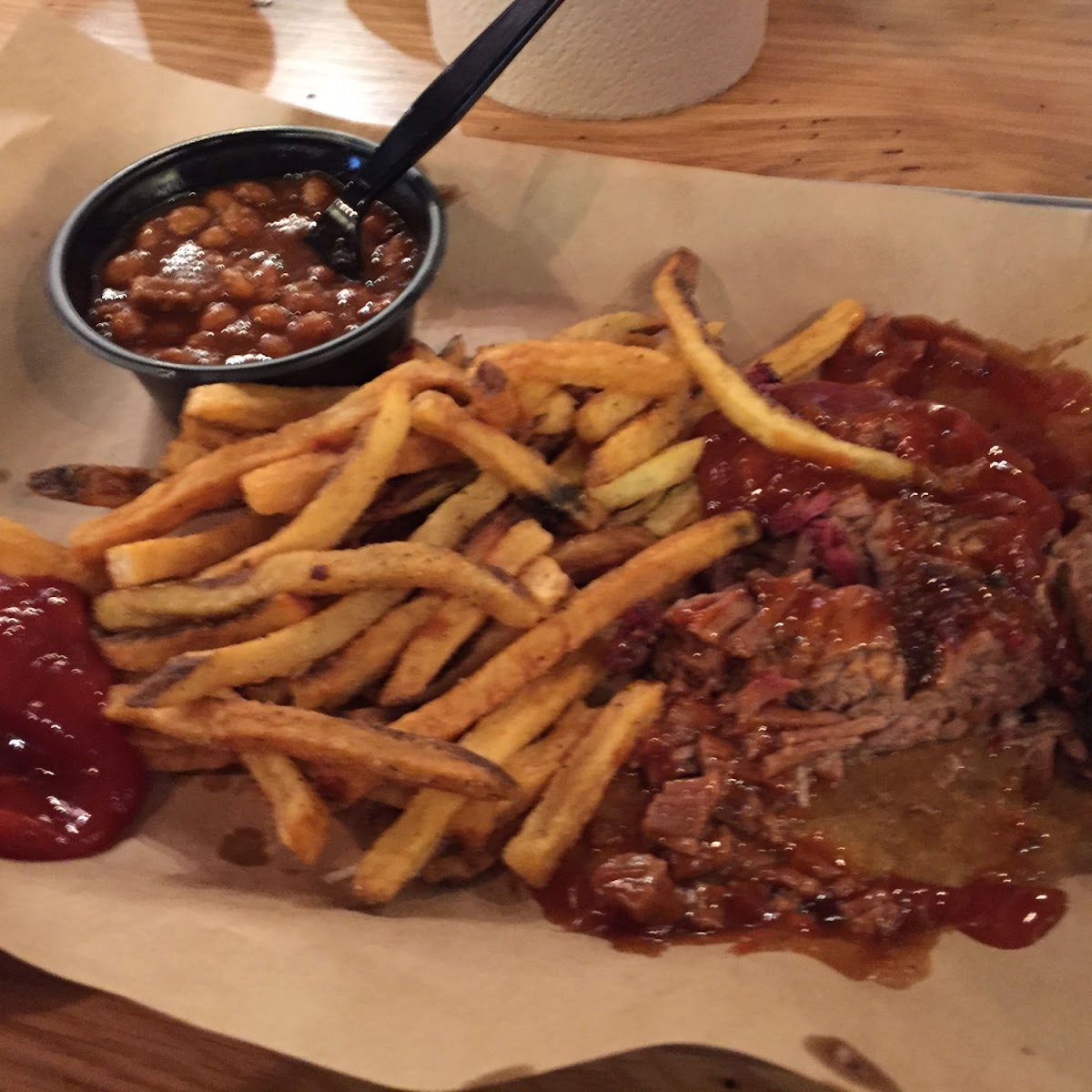 Fries, bbq beans and smoked brisket. Delish?